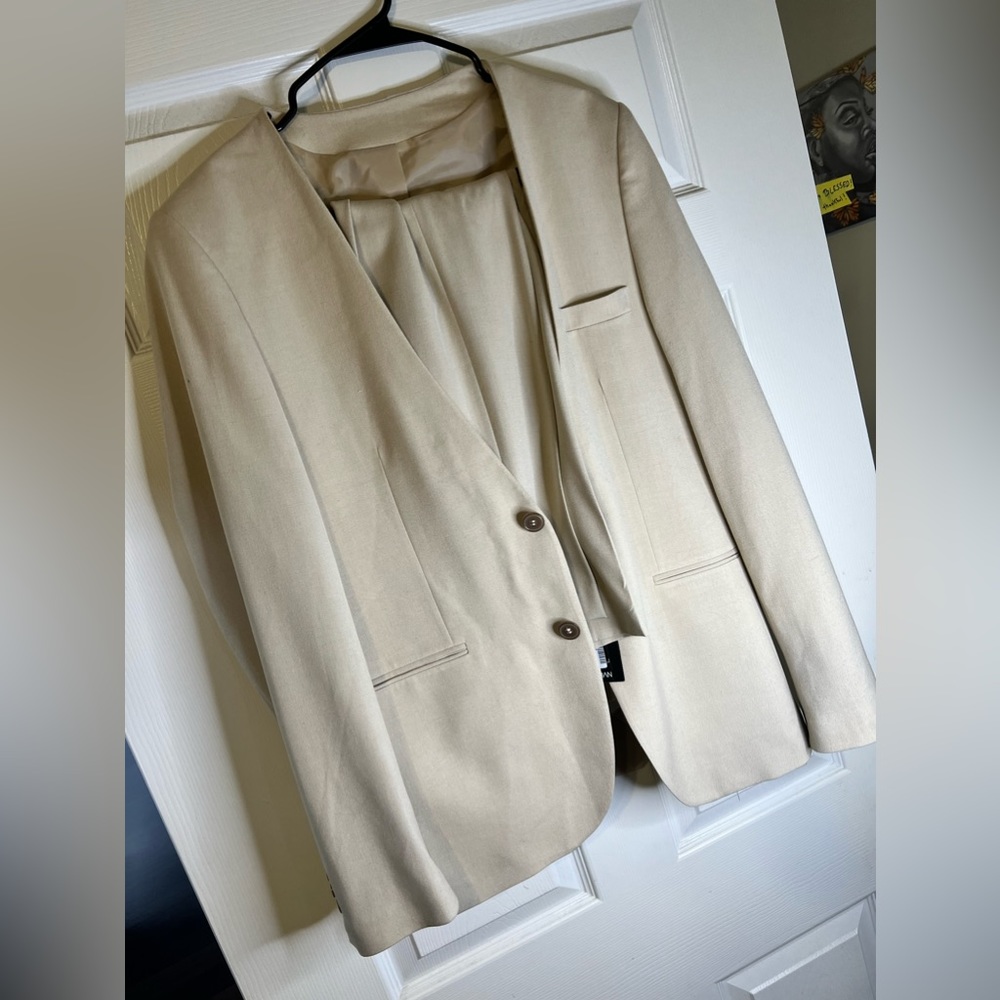 BoohooMAN Skinny Collarless Suit in STONE. Blazer is 38 Pants are 36R.